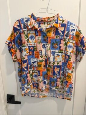 C&C California 100% Linen Tropical Patchwork Button-Up Shirt Size Medium